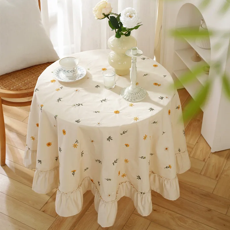 Small Floral Ruffles Round Tablecloth Nordic Light Luxury Premium Sense of Simplicity Tablecloth Tea Table Cushion Home Decor