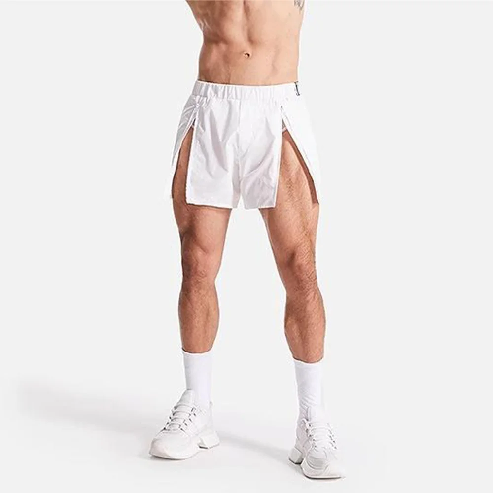 Calções esportivos de zíper duplo respirável masculino, slim fit, calças de treino de ginástica de praia, elástico, verão, 2024