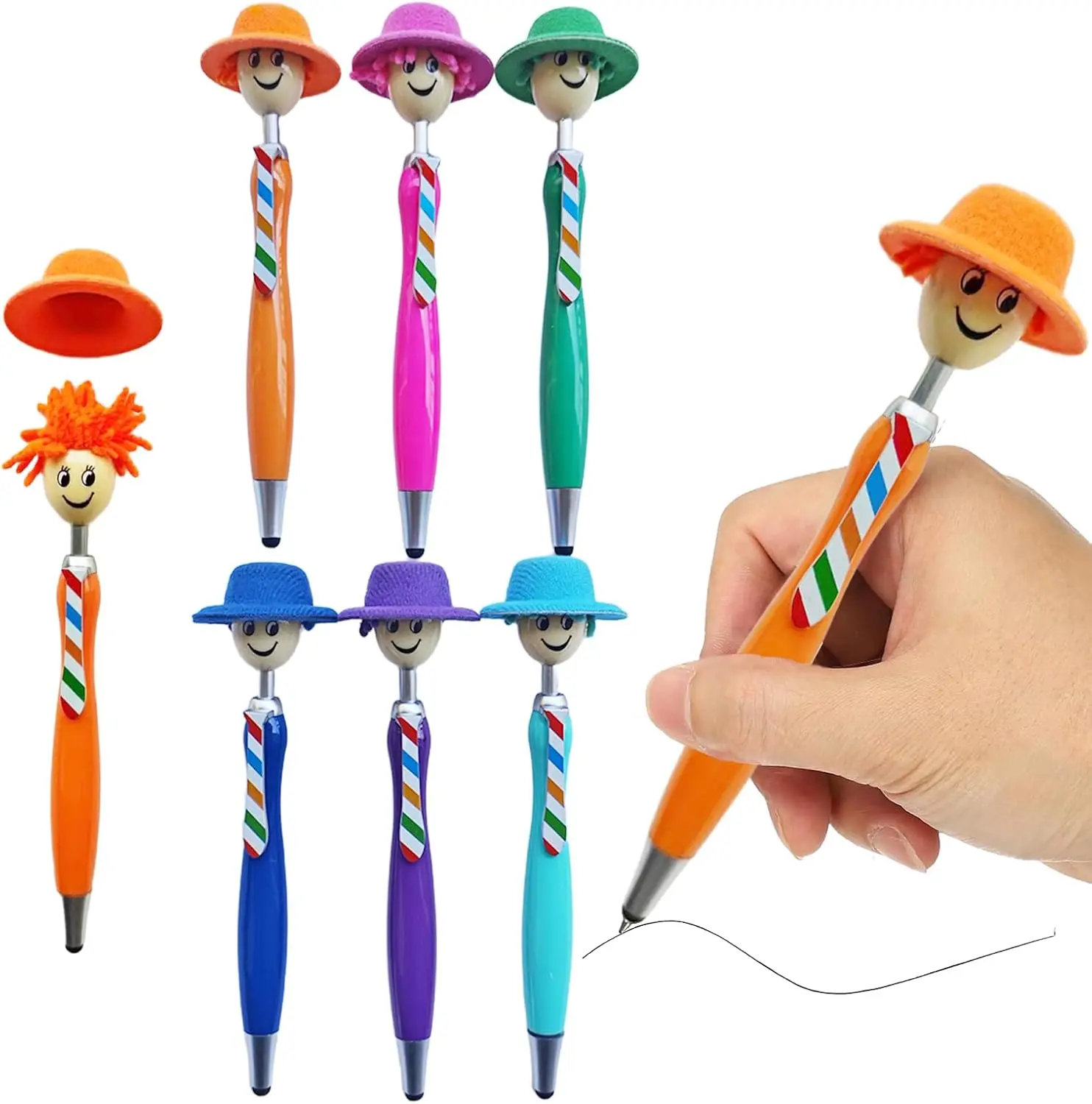 1/6 pieces of mop head ballpoint pen, mop pen with hat, fun tip creative plush ballpoint pen, suitable for office and school