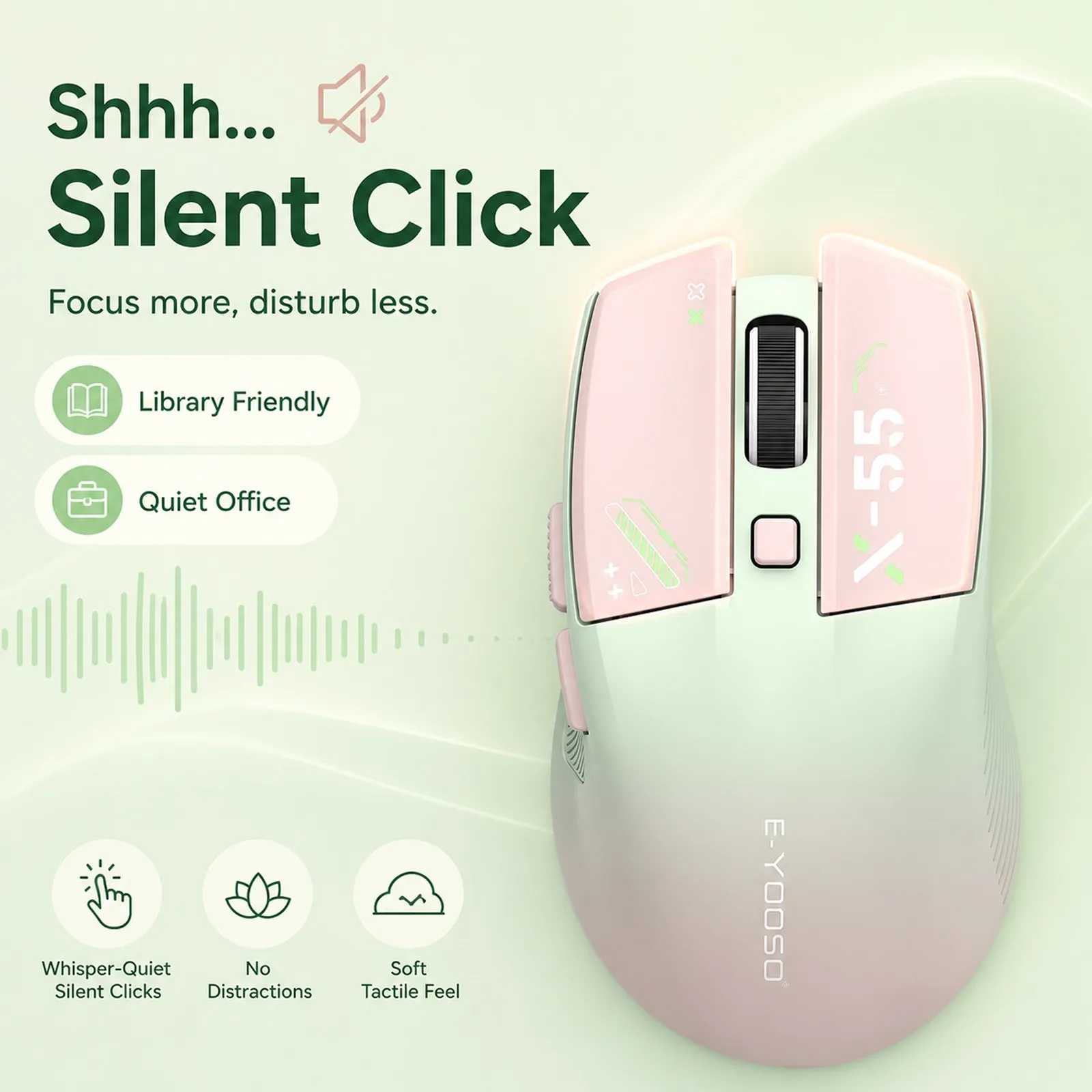 E-YOOSO X-55 2.4G Wireless Silent Mouse, 65g Lightweight Ergonomic Mice, Auto-Sleep, Side Buttons for Office Laptop Library