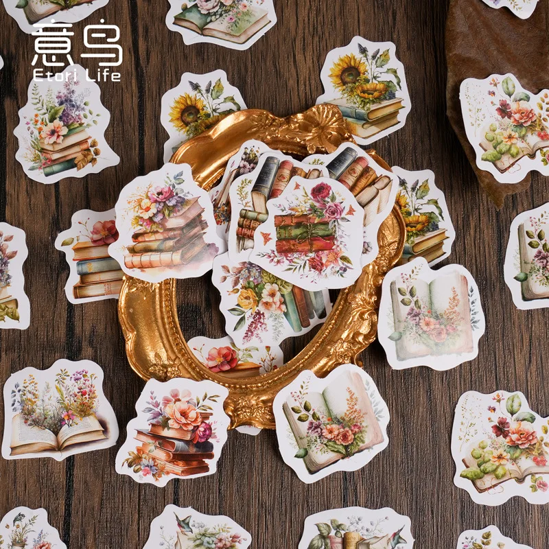 46PCS Boxed Stickers Flowers Library Books Special Shaped Sealing Stickers for Journal Diary Decor