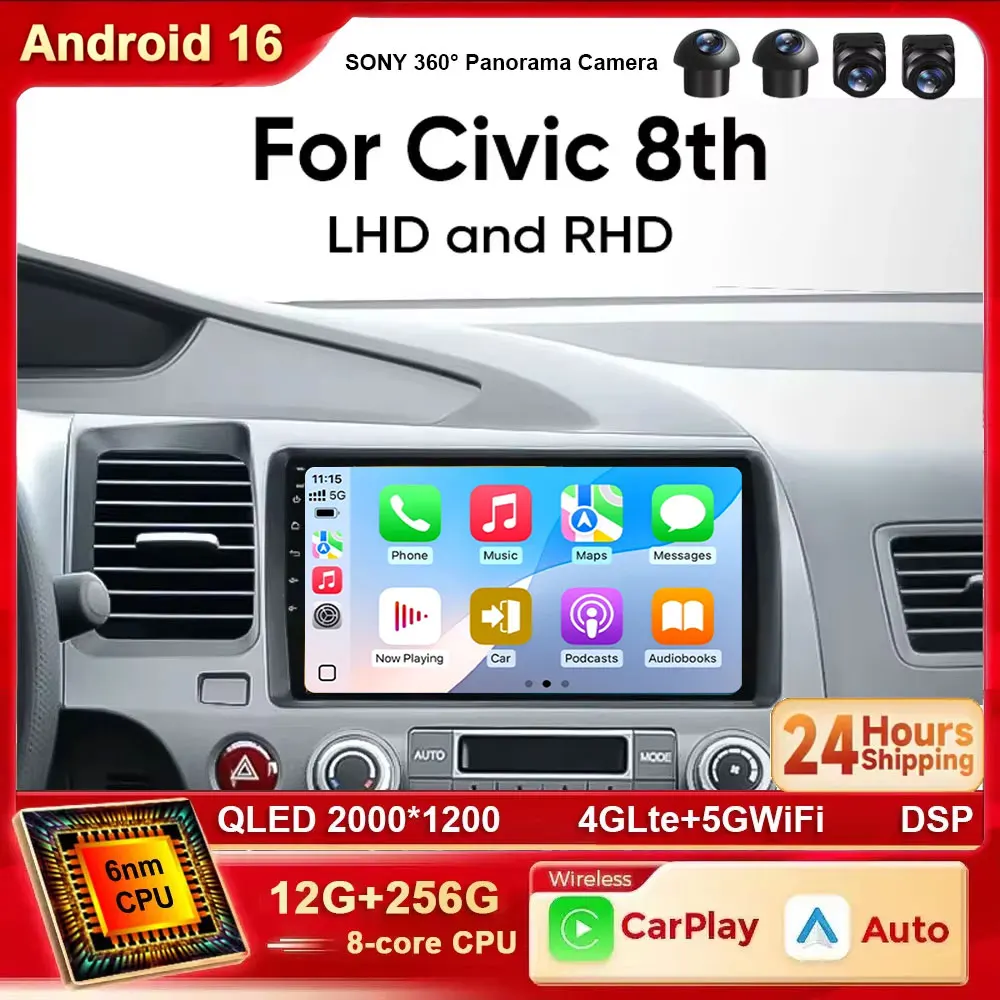 Android 16 Autoradio für Honda Civic 8. Generation 2005 2006 2007 2008-2011 Auto-Multimedia-GPS-Player Radio Stereo BT Carplay