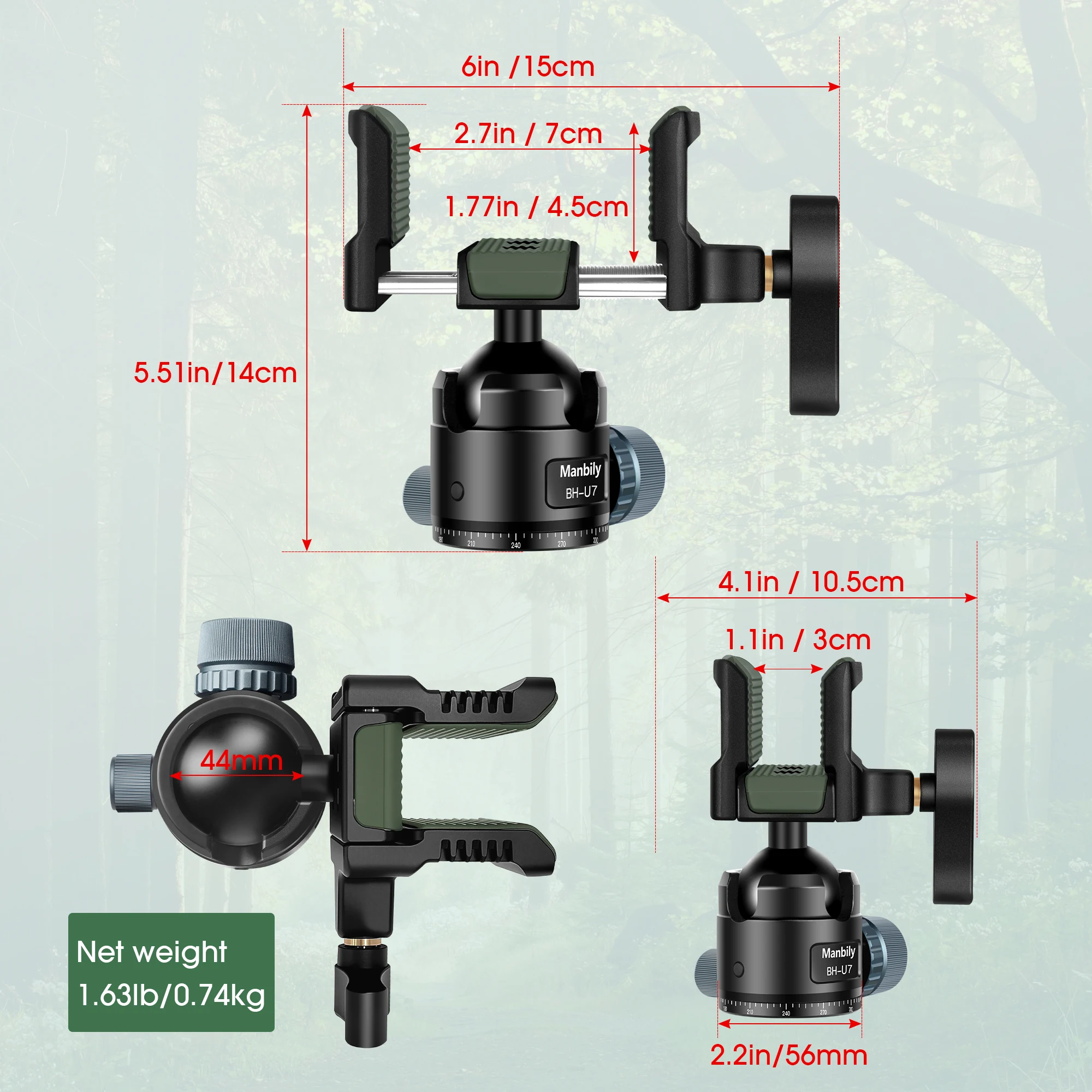 Manbily BH-U7 Gewehr-Sattelclip-Adapter für Outdoor-Jagdstativen und -Stative, 360-Grad-Gimbal-Kopf mit 3/8- und 1/4-Zoll-Schraubanschlüssen – Detail 2