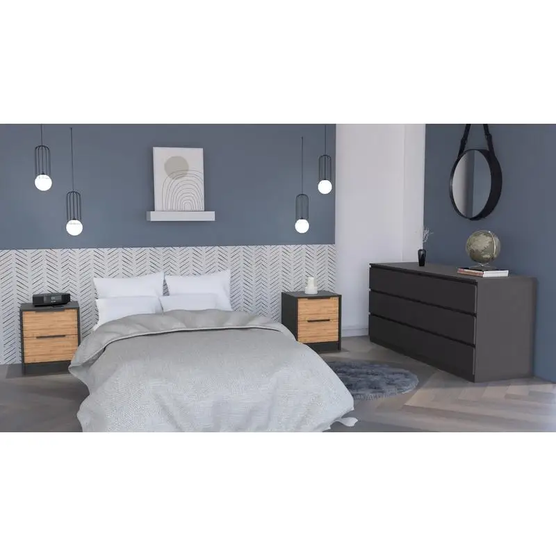 3-Piece Bedroom Set, 2 Nightstands & Dresser, Black Wenge & Pine Finish