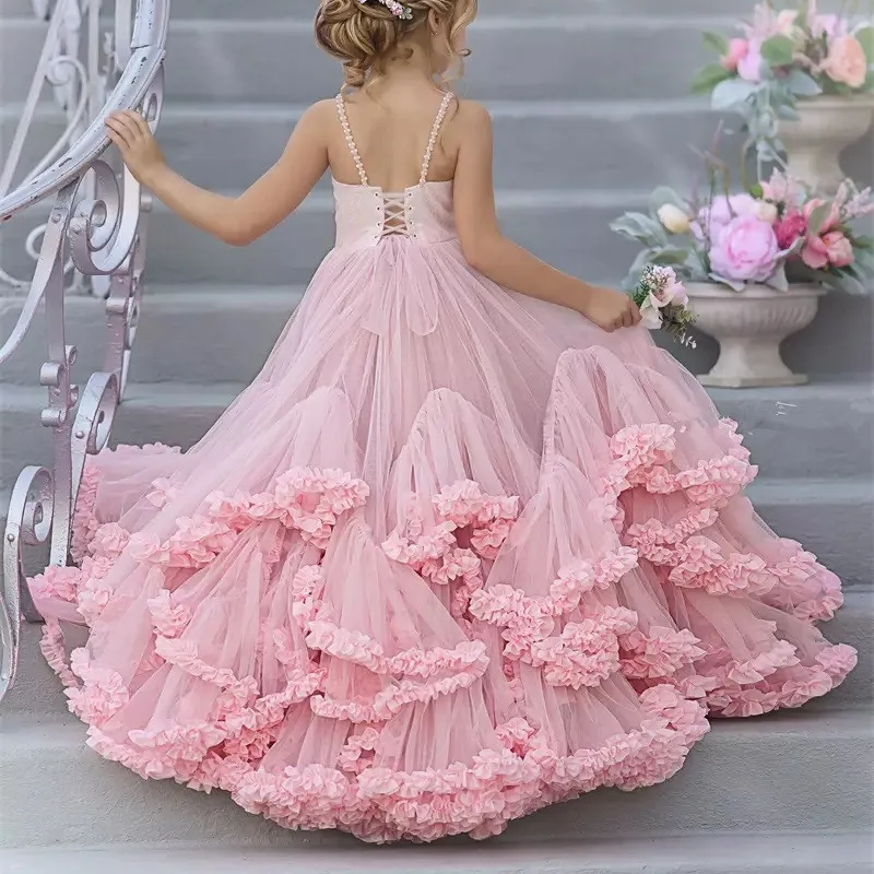 Pink Kids Flower Girl Dresses For Wedding Pink Tiered Skirts Toddler Pageant Gowns Tulle Beaded First Communion Wears