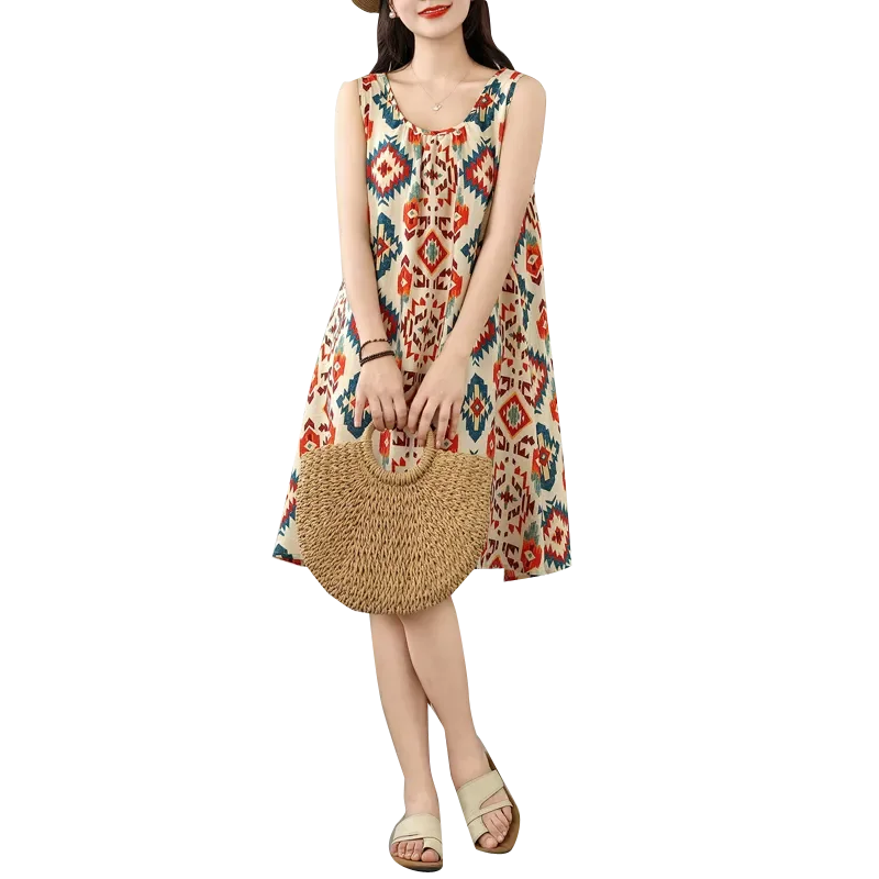 韓国版 レディース 夏用 ルーズ サスペンダー ドレス レディース Aライン ドレス ノースリーブ ドレス レディース コットンとリネン トップス 女性