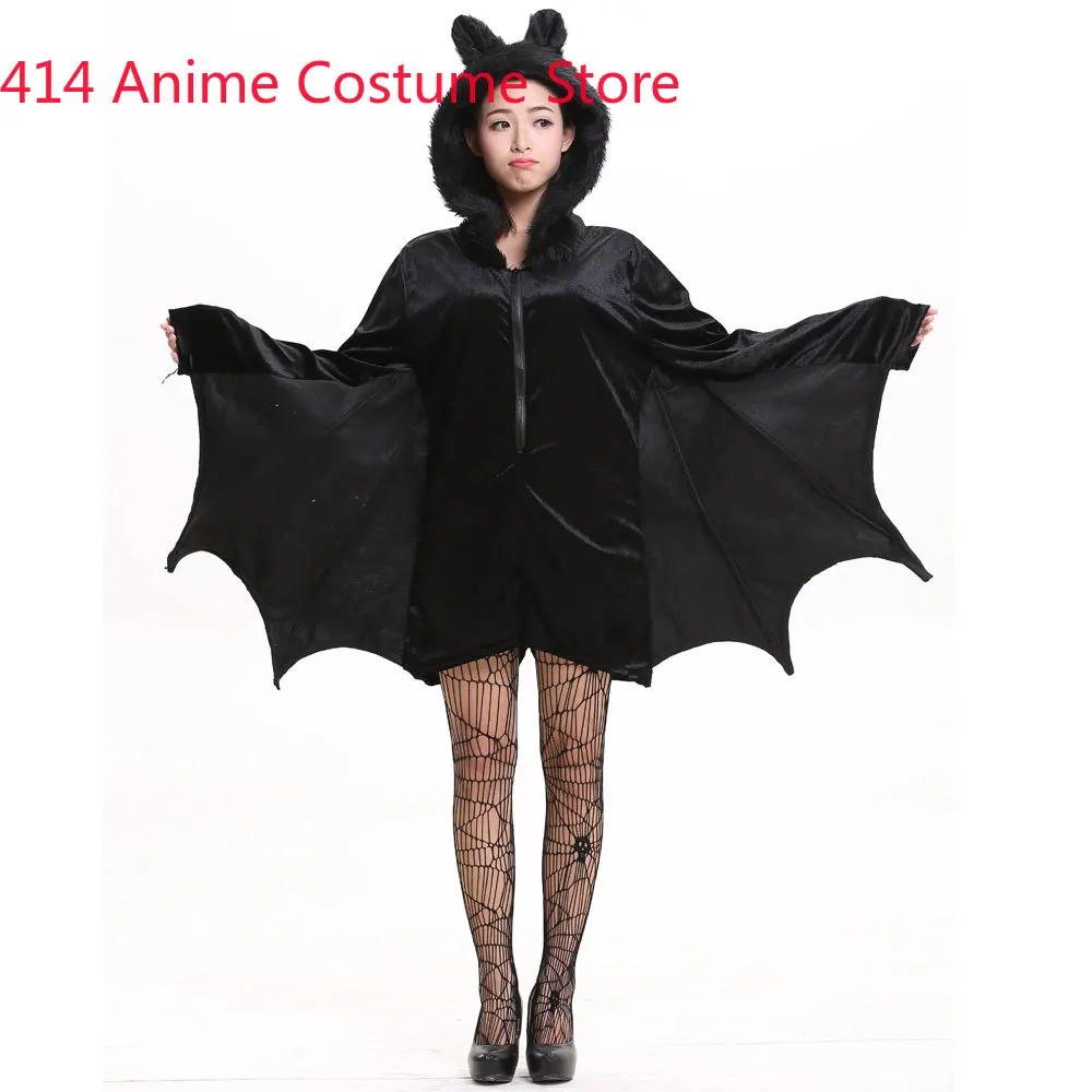 Halloween Purim Carnival Party Woman Black Bat Vampire Costumes for Women Fantasia Cozy Bat Cosplay Costume Furry Hood