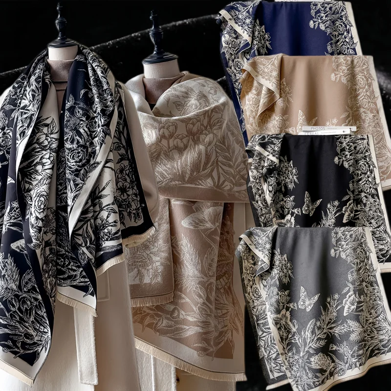 65x185cm 4 Colors Available Khaki Elegant French Style Floral Scarf Women Soft Warm Shawl Tassels Retro Botanical Print Wrap