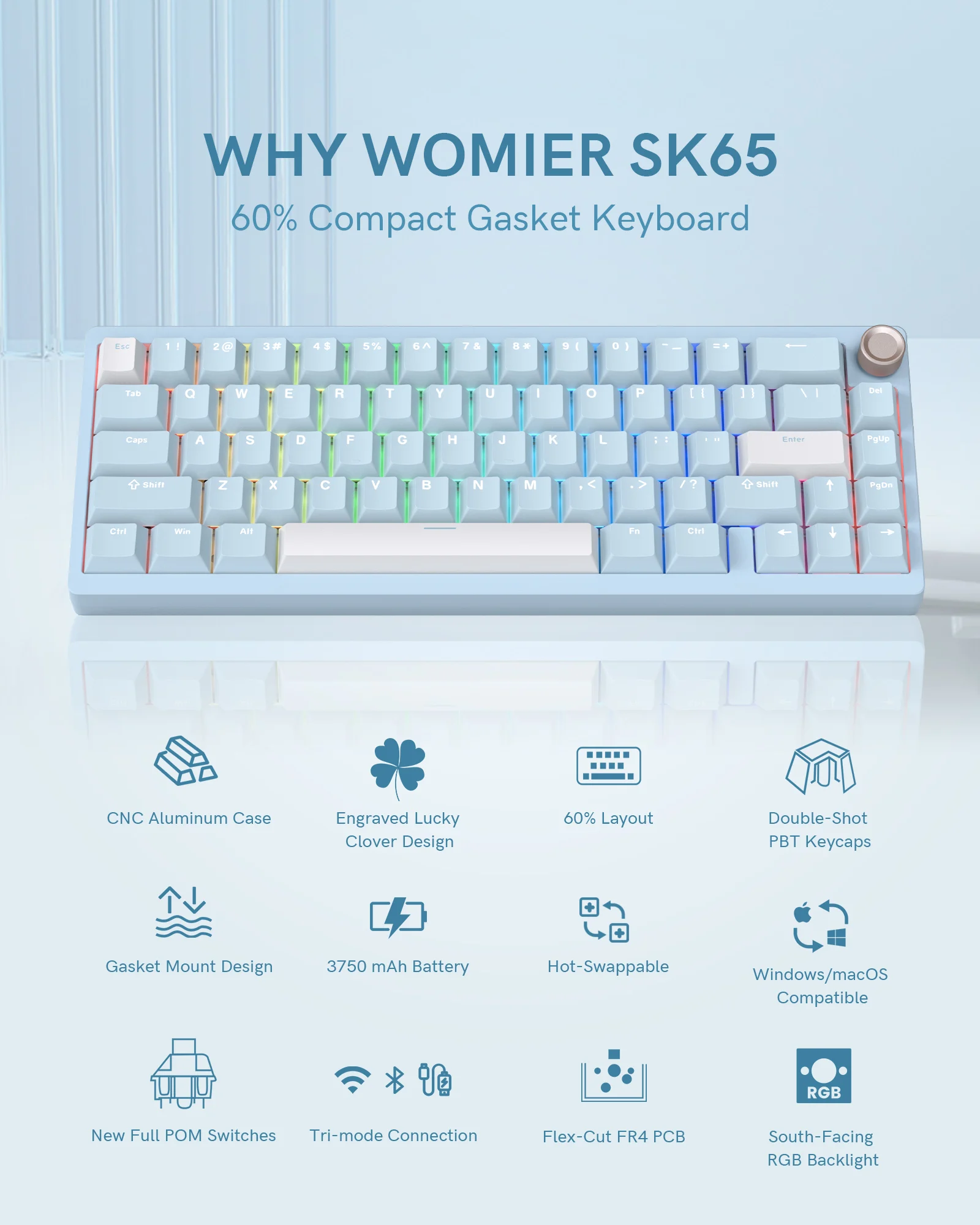 Womier SK65 65% Tri-Mode Aluminum Alloy Shell  Blue Hot Swap Gaming Mechanical Keyboard RGB Wireless Gasket Mounted Keyboard