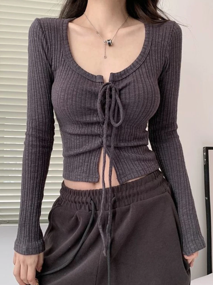 Sweet Fashion Knitted Sweater Women Spring Fall Long Sleeve Lace Up Crop Top Korean Style Elegant Slim Pullover Tops Y2k Clothes