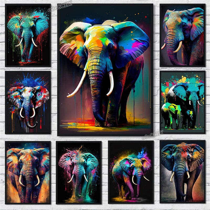 Colorful Elephant Animal Poster and Prints Abstract Elephant Colorful Art Canvas Painting Wall Art Picture for Living Room Decor