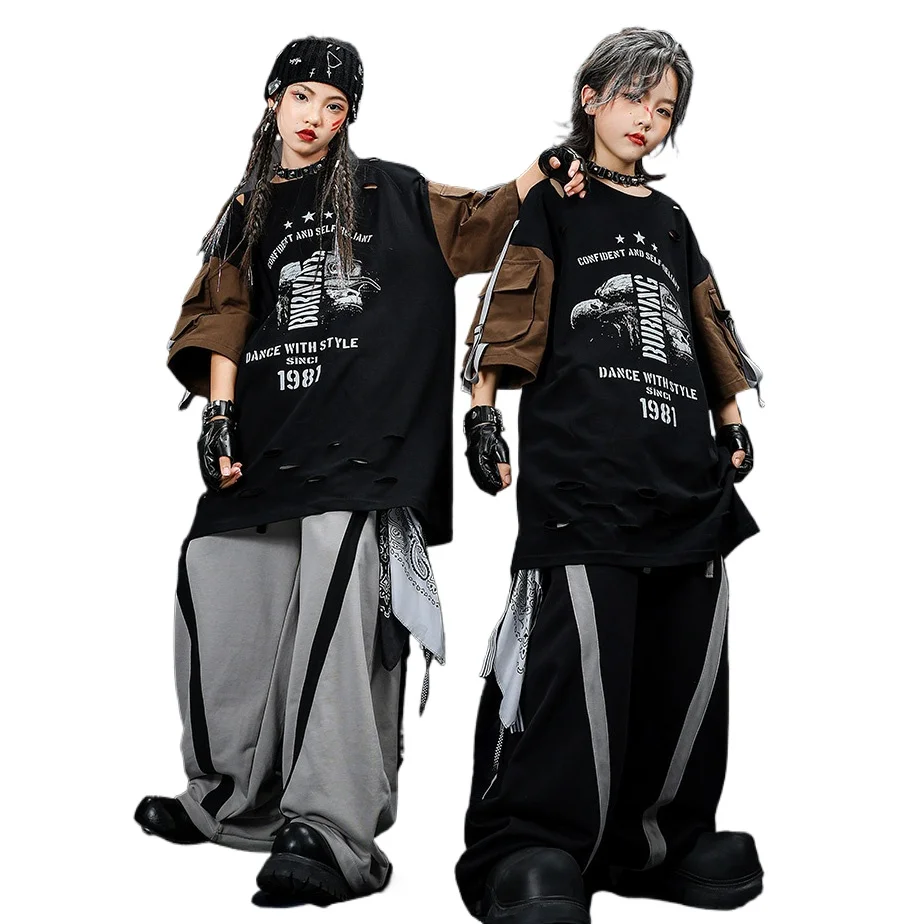 Children Streetwear Oversize Tshirt Pants Sets Boy Girl Hip Hop Loose Short Sleeve T-shirt Trousers Kids Tracksuit Stage Clothes