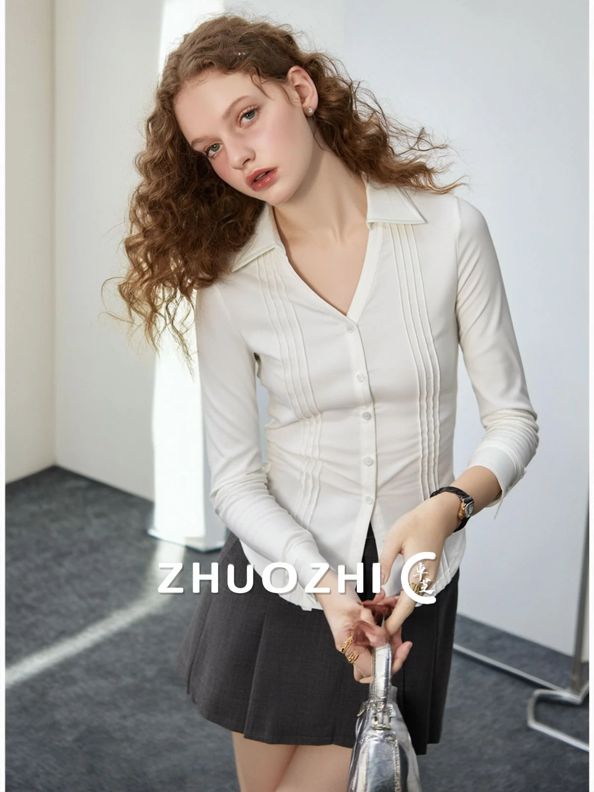 

ZhuoZhi lect Faion Collar Seven Sve Women's irt Slimming Waist Design Spring New Sle Casual Loose Fit