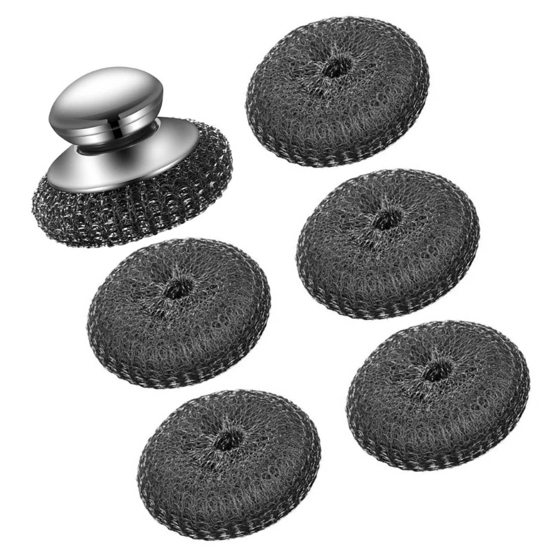 

Steel Wool Scrubber Set for Casting Iron,Pots, Pans,Grills, Stove Cleaning with Handle and 5pcs Replacement Pad