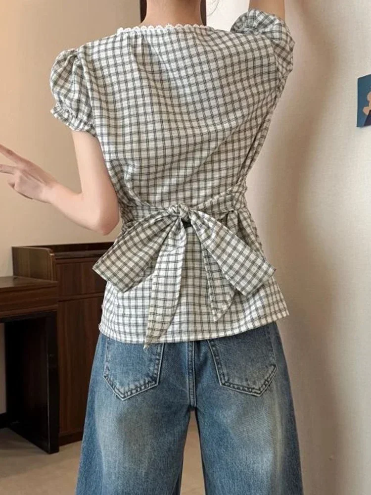

Plaid Vintage Blouse Women V Neck Slim Design Back Bandage Shirt Korean Retro Lace Patchwork Casual Summer Bow Sweet Tops