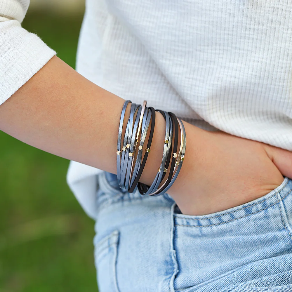 ALLYES Vintage Metal Beads Soft Leather Bracelet for Women Charm Slim Strips Bangles & Bracelets Female Party Jewelry