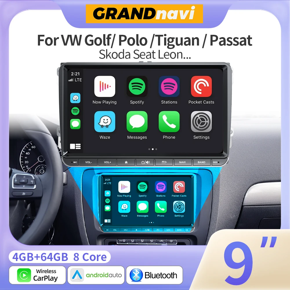 GRANDnavi 9 Inch Android 13 Car Radio for Volkswagen Golf 5 6 Polo Passat B6 B7 CC Skoda Jetta 2Din Multimedia Carplay Wifi GPS