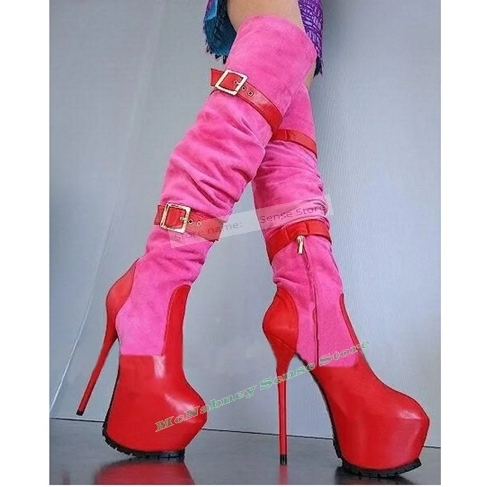 

Новый стиль, ботинки с пряжкой и ремешками, женская обувь с открытым носком на тонком высоком каблуке, разноцветная осенне-зимняя дизайнерская молния выше колена, сексуальная