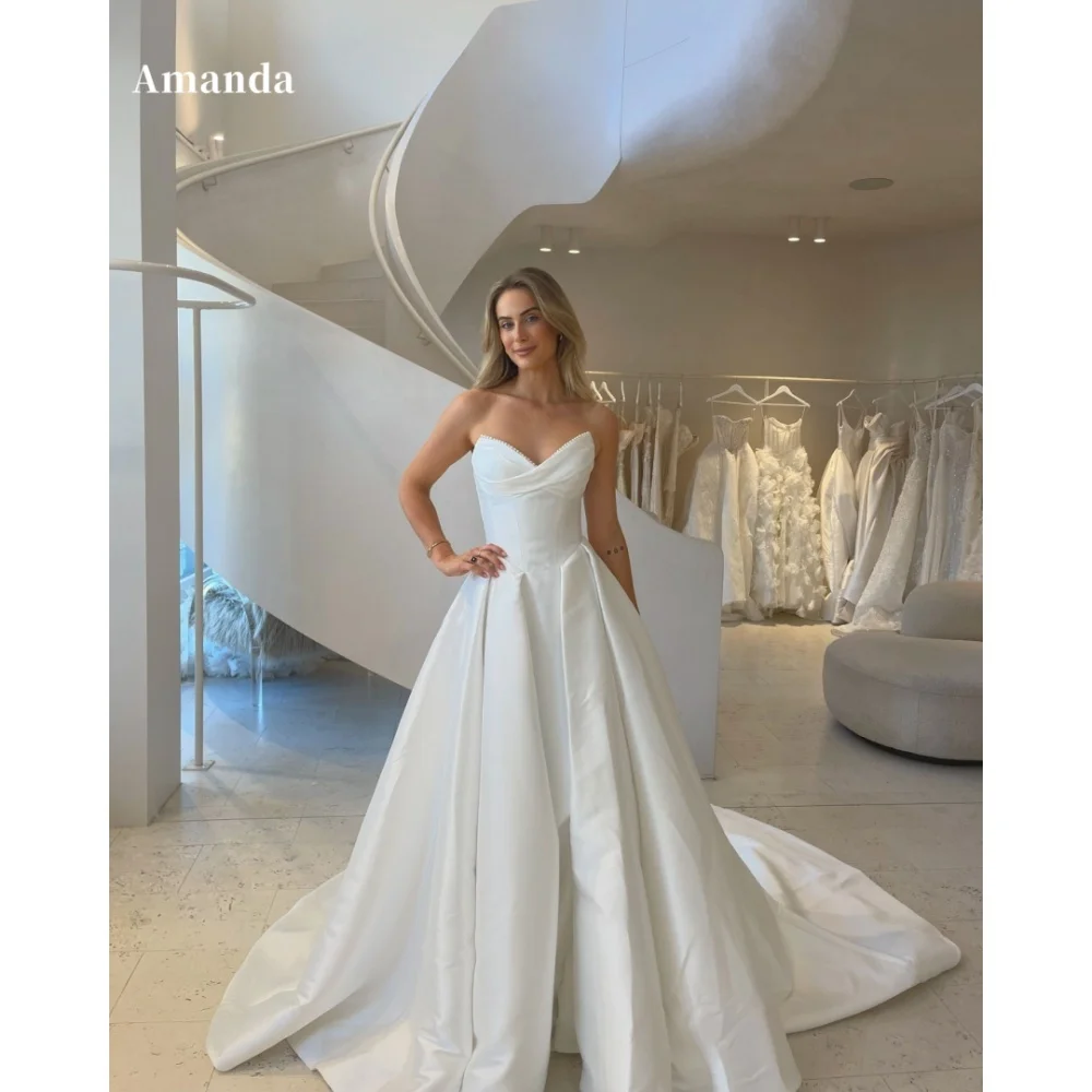 Amanda White Heart-Shaped Neckline Sleeveless vestido femininos Satin A-line فساتين سهرة Floor-Length Customized Wedding Dress