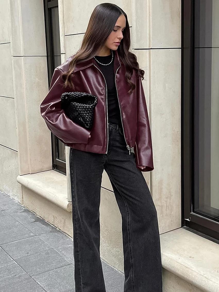 Kurtka damska WXOY ze sztucznej skóry, zapinana na zamek, z długim rękawem, minimalistyczna, elegancka, w stylu casual, streetwear, płaszcz z PU na jesień i zimę.