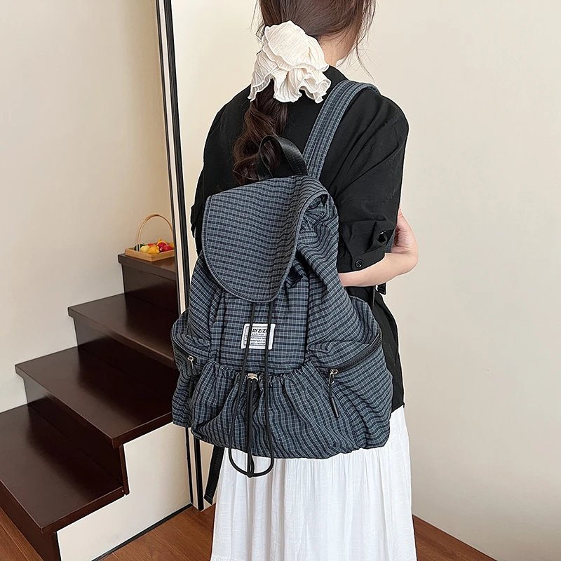new-plaid-school-bag-for-college-students-korean-trendy-versatile-girl's-backpack-for-travel-lightweight-casual-nylon-backpacks