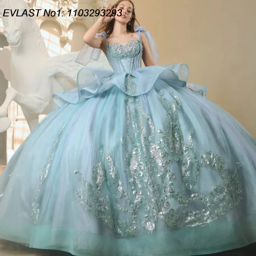 

EVLAST Customized Shiny 2026 Blue Quinceanera Dress Ball Gown Sequins Applique Beading Tie Sweet 16 Vestidos De 15 Anos E1QN747