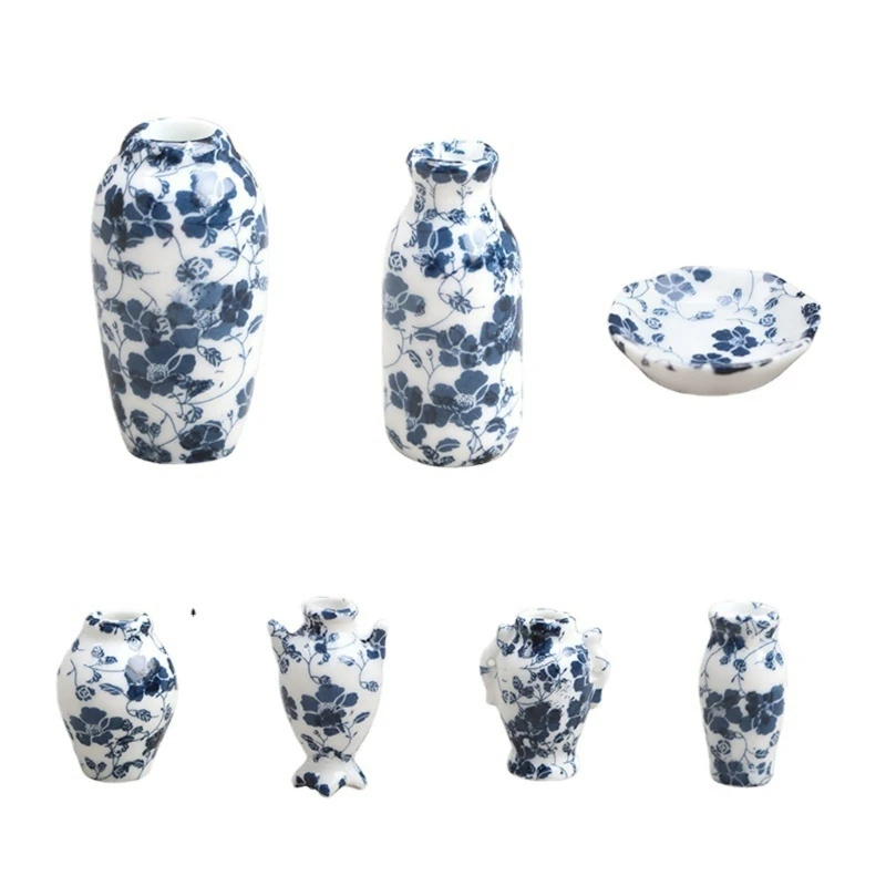 

7 Pcs for Doll House Decoration Vases Set Exquisite Simulation Blue & White Porcelain Photography Props 1:12 Dollhouse