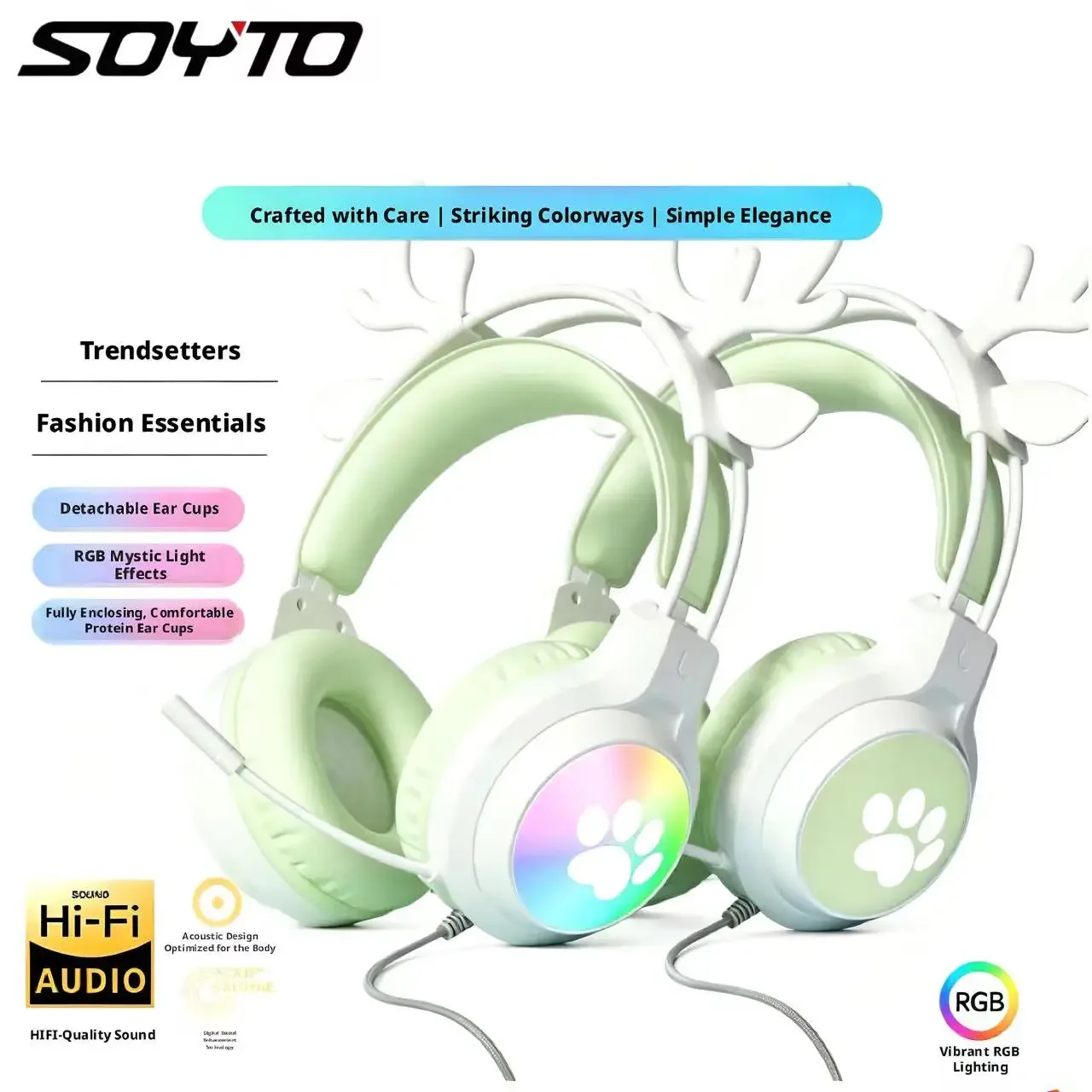 SOYTO RGB Wired Deer Ear Gaming Headset Over-Ear Headphones 