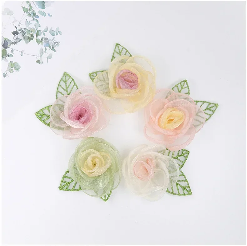 1pcs Handmade Organza Fabric Artificial Rose Flower For Wedding Bridal Headdress Decor Corsage DIY Hair Clips Women Accessories