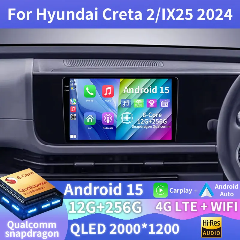 Android 15 Wireless Carplay Per Hyundai Creta 2 IX25 2024 Navi Unità di Testa di Navigazione BT 4G LTE Auto DSP 360 Macchina Fotografica Auto Radio GPS