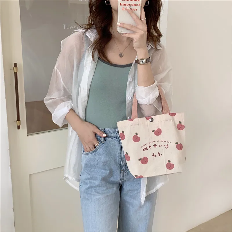 Cute Peach Purse Handbags for Women Summer Canvas Ladies Mini Tote Shopper Shoulder Bags Lovely Female Picnic Lunch Bento Bag