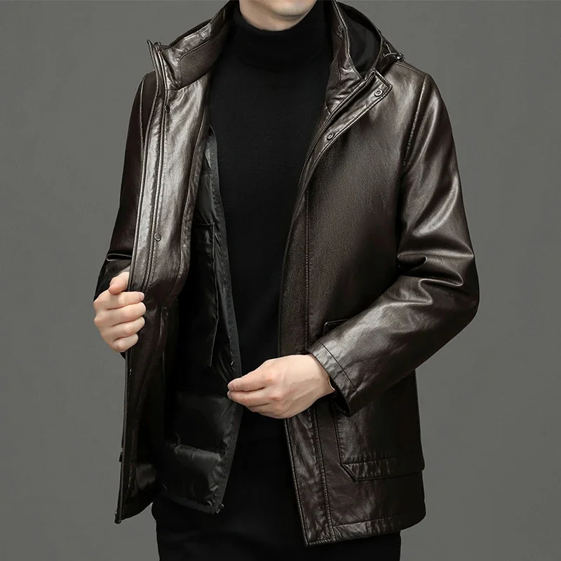 ZDT-8014 Winter Men\'s Hooded Genuine Leather Down Suit Medium length Inner Tank Detachable For Warm And Thick Casual Jacket