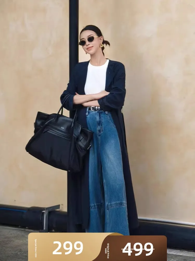 

Meiyang Широкие джинсы с кружевной отделкой Свободный крой с высокой талией Повседневные джинсы с водной талией Синие женские джинсы премиум-класса Quali