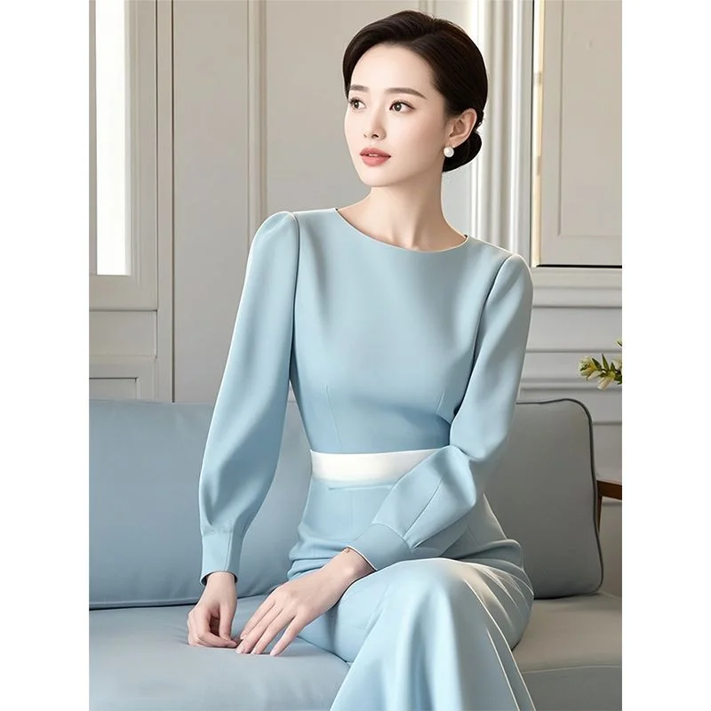 Otoño digno, elegante, estilo de diosa de alta gama, lujo ligero, sensación de alta gama, vestido boho azul para ocasiones formales