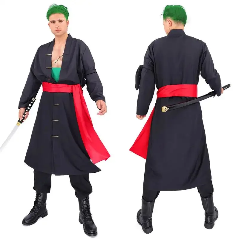 

DAZCOS Ророноа Зоро Косплей Костюм Черное кимоно Халат Плащ с поясом Повязка Ролевая игра Косплей Костюм Хэллоуин Костюм