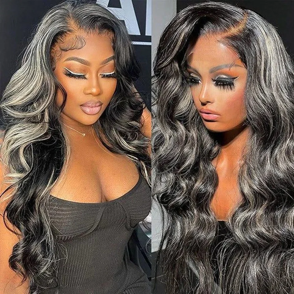 

Black Highlight Grey Body Wave Lace Frontal Wig 13X4 HD PrePlucked Heat Resistant Natural Hairline Synthetic Cosplay For Women