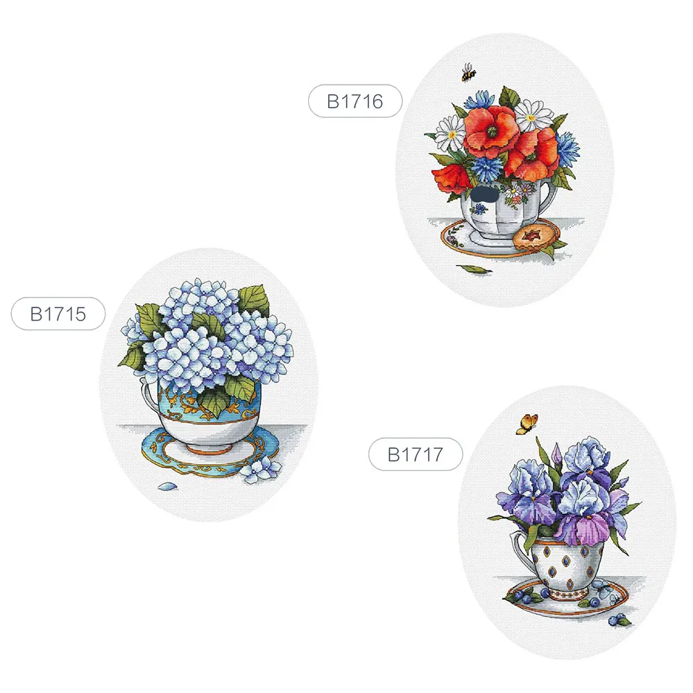 Precision Printing Polytych Hand Embroidery B1715-1717 Teacup And Hydrangea Iris Fishxx Cross Stitch Kit