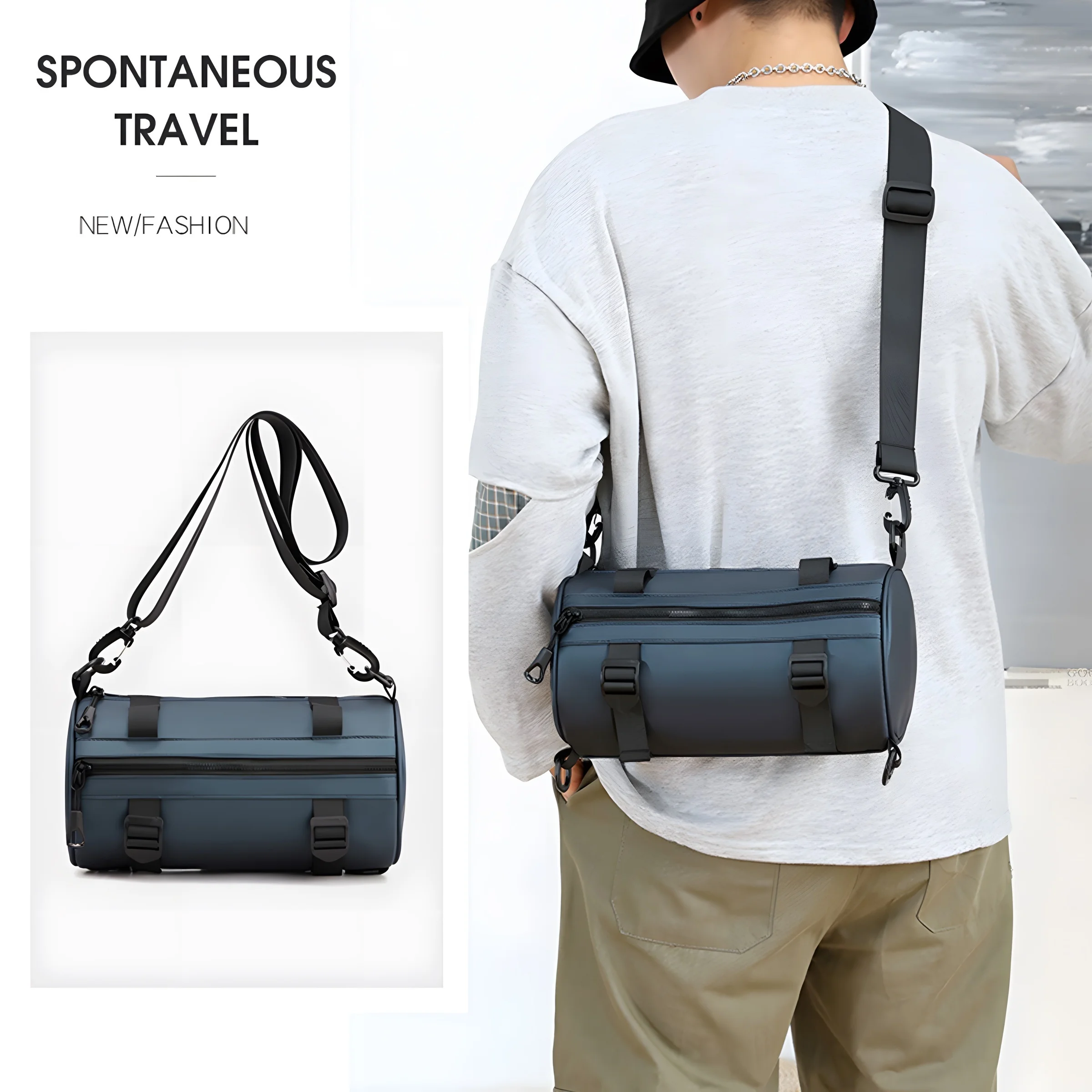 New versatile men's black tube shoulder crossbody bag casual all-match fashion waist bag