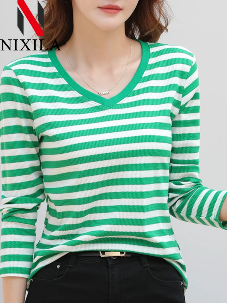 Neu im Frühling/Sommer: Gestreifte Damen-T-Shirts im Vintage-Stil, langärmelige Oberteile, modische, jugendliche Damenkleidung, elegante Blusas Para Mujer
