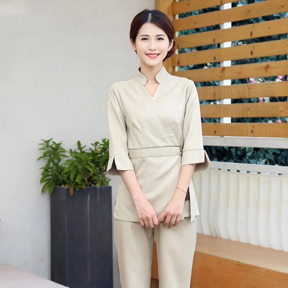 1 Set Schoonheidssalon Uniform Professioneel tweedelig pak Beige katoenen V-hals Tops Werkkleding voor schoonheidsspecialiste Dames Zomer