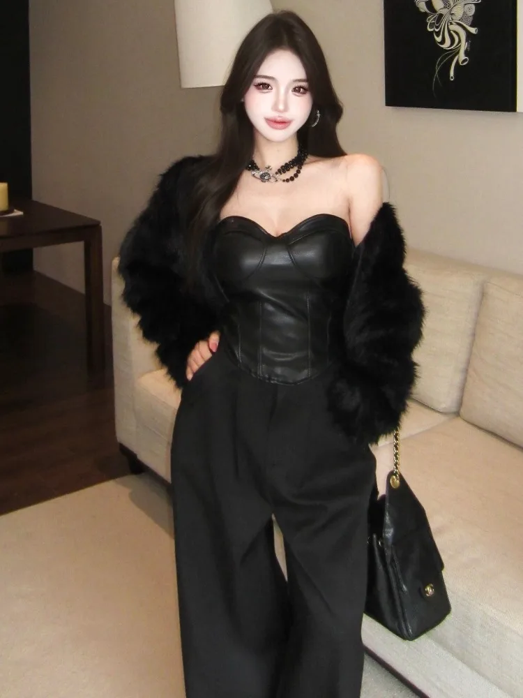 

Fashionable PU Leather One-Shoulder Crop Top And Wide Leg Pants Set with Furry Outerwear for Women Casual Autumn Winter Outfit