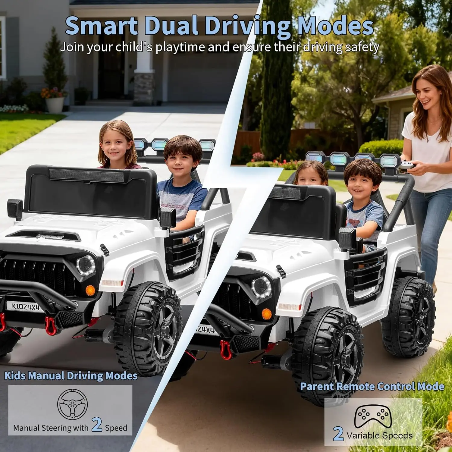 لعبة ركوب بمقعدين على سيارة للأطفال، شاحنة ركوب 24 فولت 4 × 4، مع تحكم للوالدين، 3 سرعات، سيارة كهربائية معلقة بأربعة عجلات للأطفال