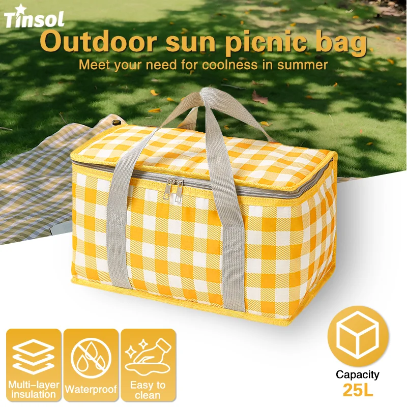 TINSOL 1pc Large Insulated Picnic Tote Bag - Waterproof Fabric, Multi-Purpose Outdoor Travel & Camping Storage Basket