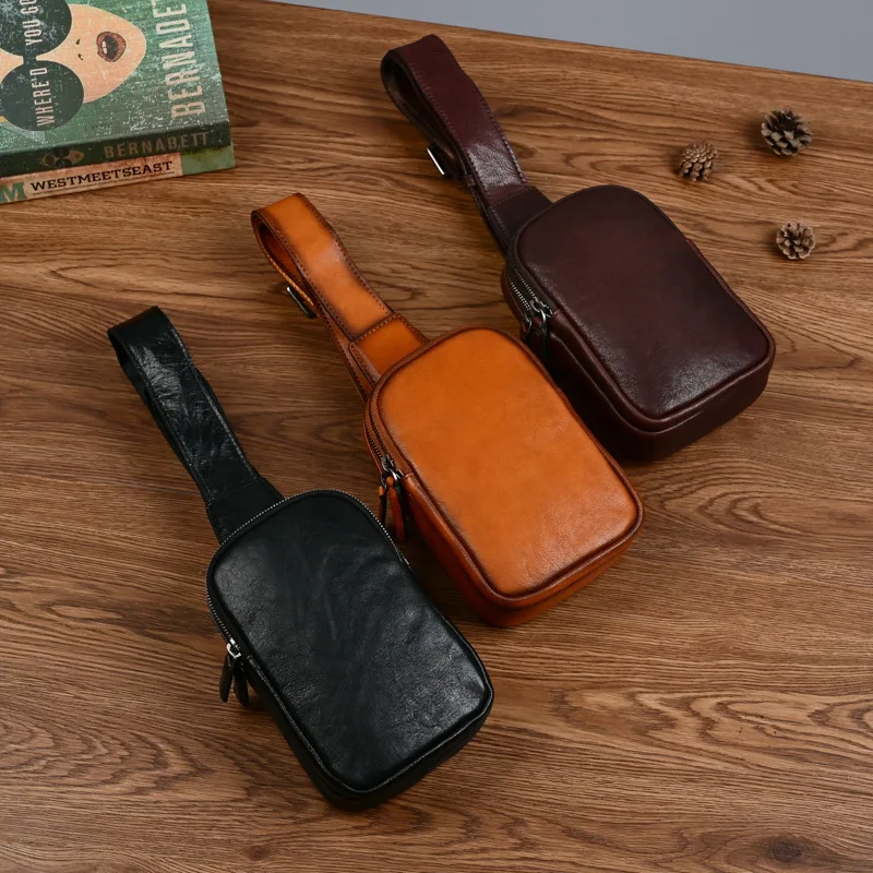 حقيبة صدر كاجوال كلاسيكية من جلد البقر المدبوغ بالخضراوات متعددة الجيوب للرجال، حقيبة كروس مربعة راقية