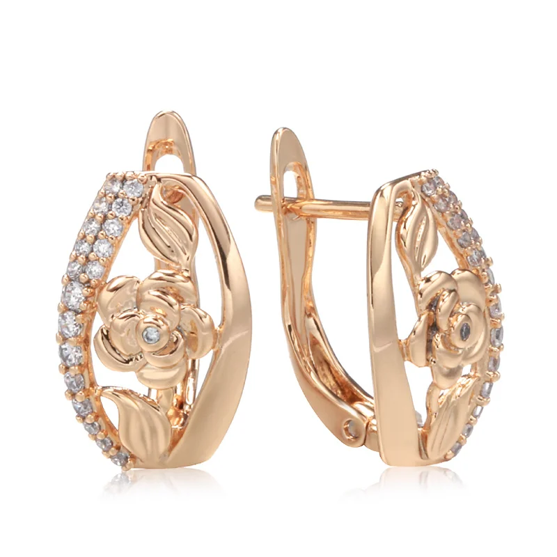 Gorgeous Inlaid White CZ Flower Dangle Women's Earrings Trendy Golden Color Hand Carving Daily Wear Party Jewelry