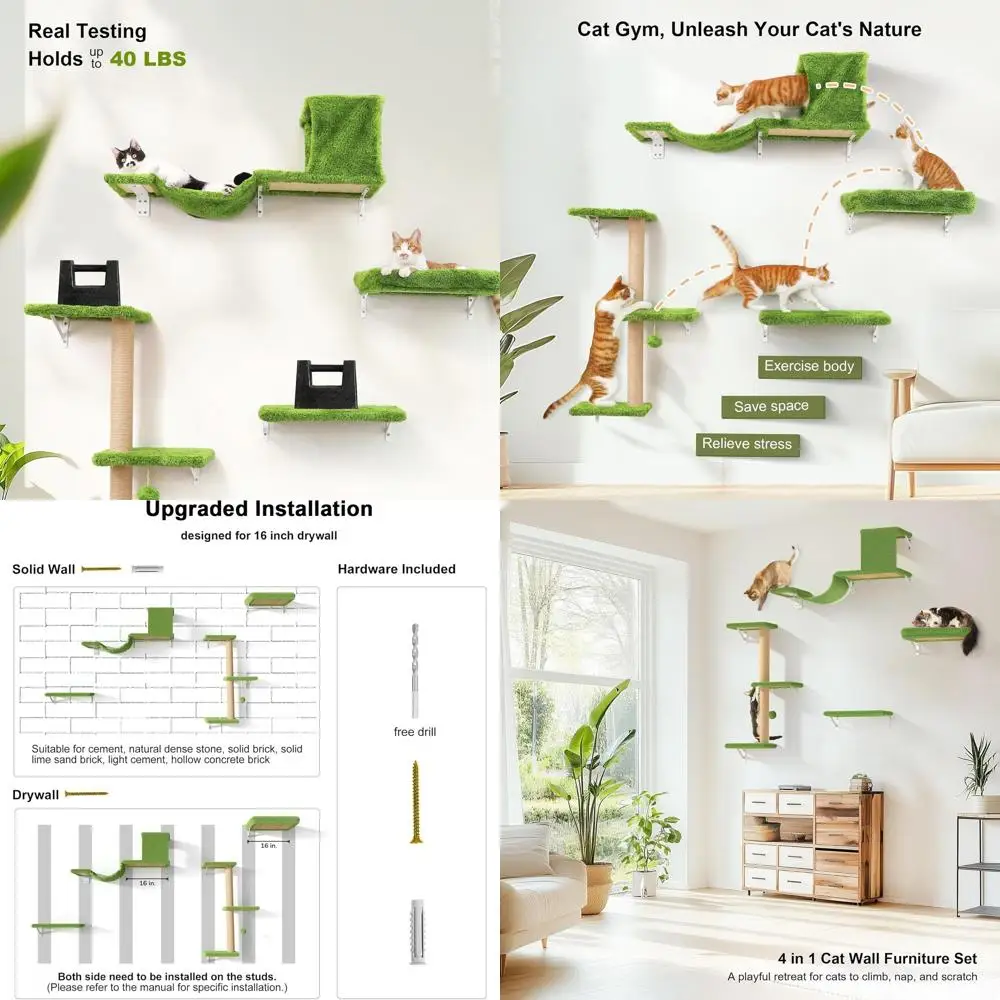

Sturdy 4-in-1 Wooden Cat Wall Shelf Set with Climbing, Scratching Post, Bridge, and Bed for 16 Inch Drywall - Green