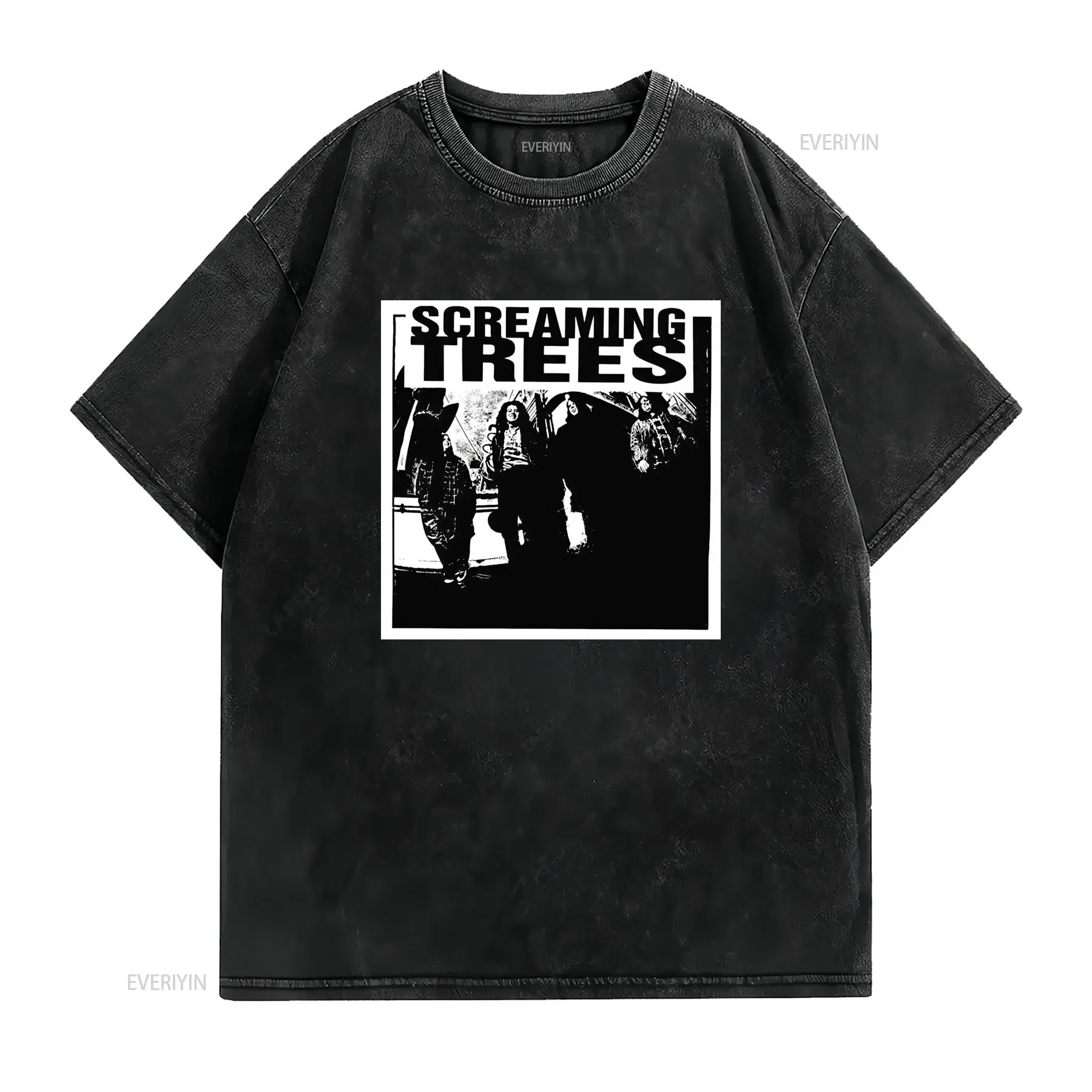 Vintage Grunge Screaming Trees Rock Band Black White Print Casual T Shirt vintage Washed graphic Stretched