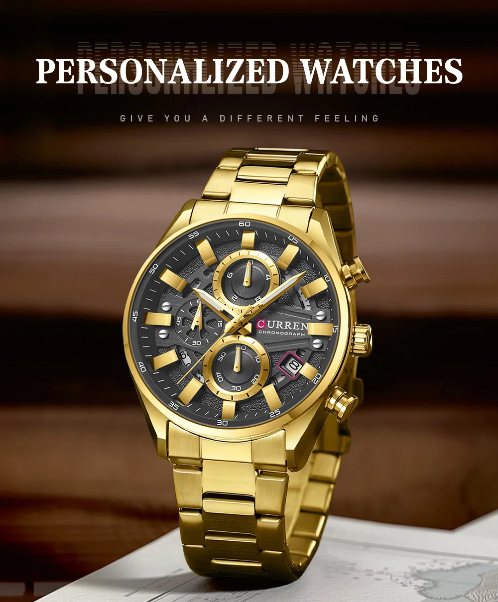 CURREN Luxus-Herren-Chronograph-Uhr mit Quarzwerk, Edelstahlarmband und 43-mm-Zifferblatt, modische Sport-Armbanduhr – Detail 2