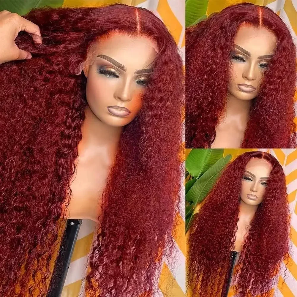 Brasileiro Encaracolado Lace Frontal Peruca, HD, Onda Profunda, Borgonha, Vermelho, 99J, Perucas de Cabelo Humano, 13x4