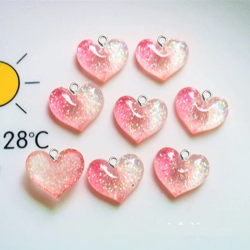 10Pcs Trendy Resin Charms Gradient Glitter Love Heart Pendants DIY Handcraft Supplies With Charm Hooks for Bracelets Keychain